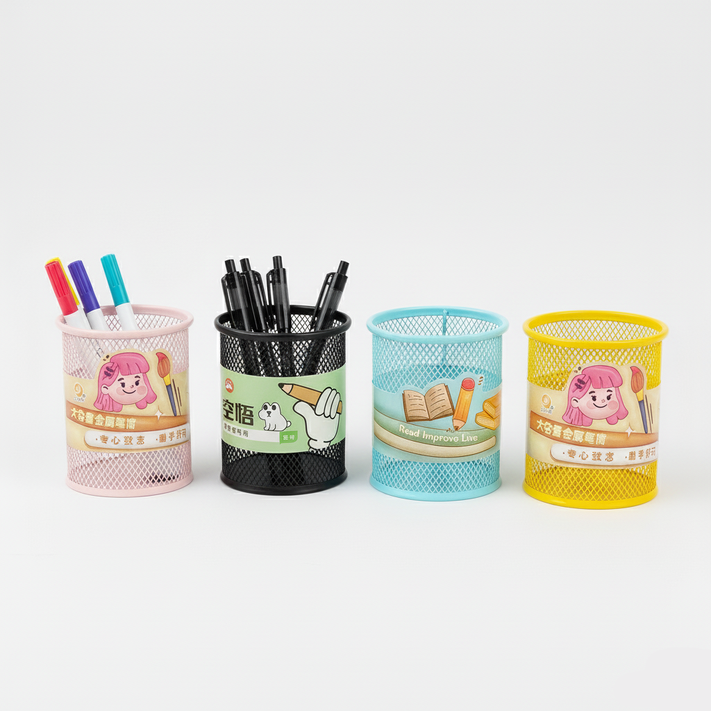 Round Mesh Coloured Pen Holder