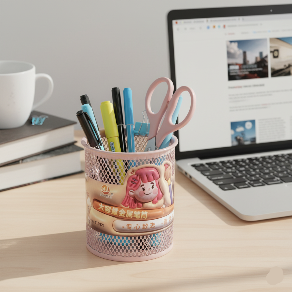 Round Mesh Coloured Pen Holder